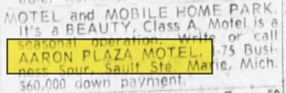 Aaron Plaza Motel (Blue Swan Inn) - Sep 1972 For Sale